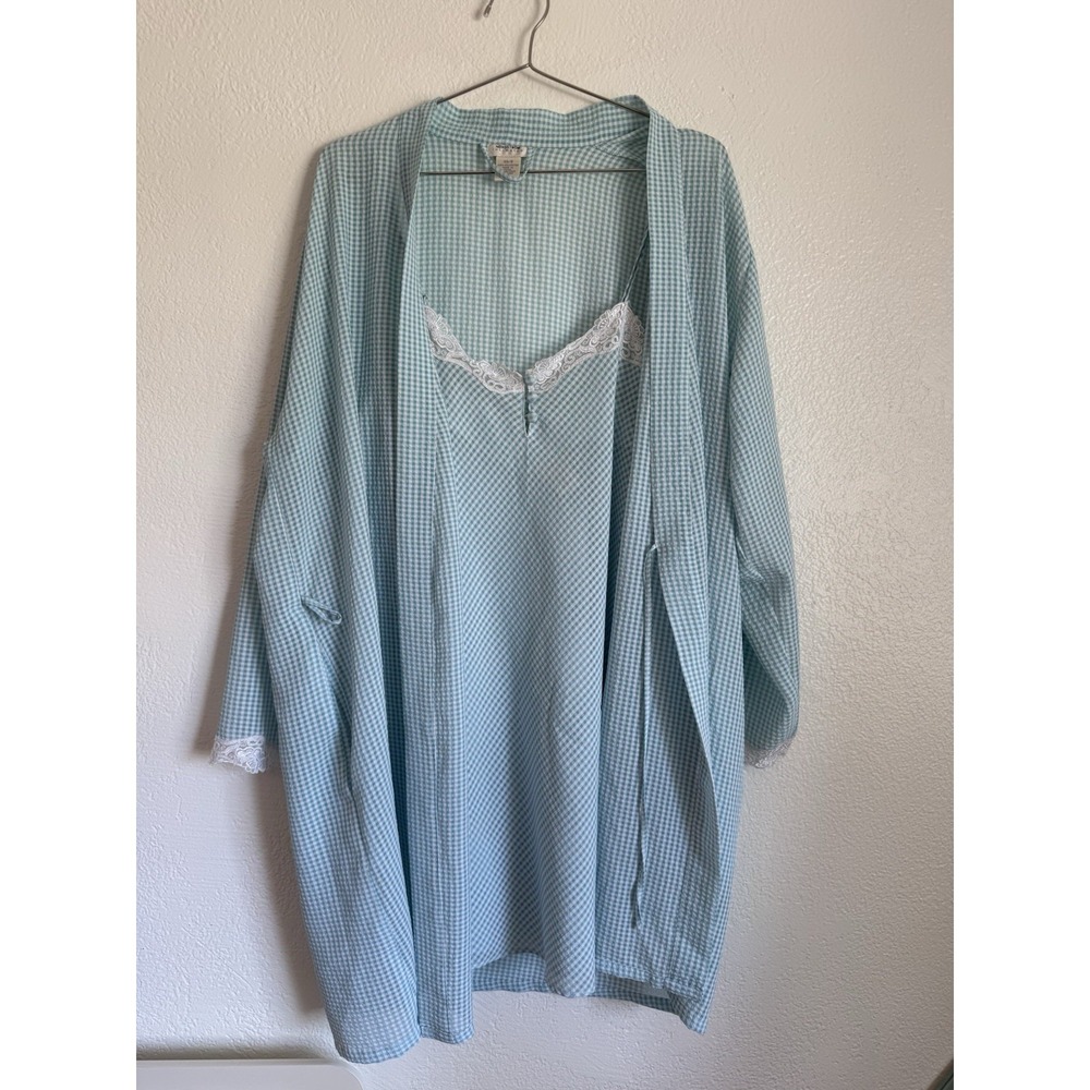 Vintage Nordstrom Intimates Size XS Slip Nightgown And Robe Set Blue Gingham